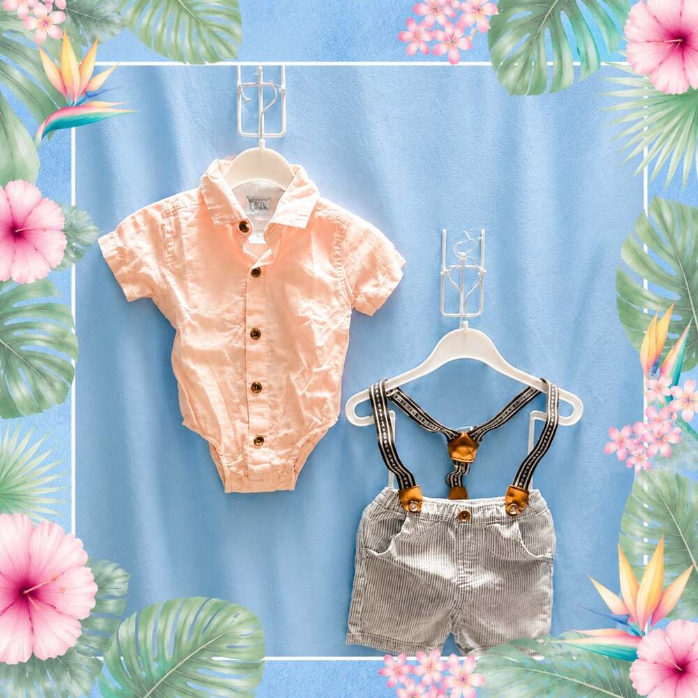 Little Lad Baby Boy Pink Shirt and Striped Suspender Shorts Set